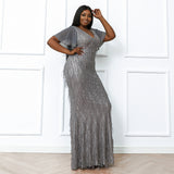 Plus Size Cloak Sleeve V-back Mermaid Hem Sequin Prom Evening Dresses