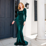 Women Sexy Elegant Square Neck Length Full Sleeved Sequined Evening Maxi Dress