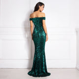 Women Sexy Sequined Slash Neck Strapless Off the Shoulder Front Slit Ball Gown
