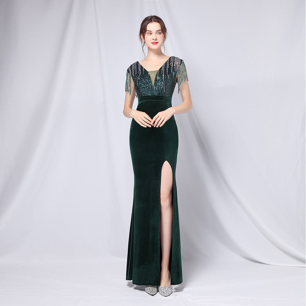 Women's  Plus Size Dress Velvet Gradient Bead Shoulder Banquet Evening Dress