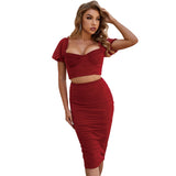 Women Sexy Backless Solid  Two Piece Bandage Skirt Sets