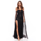 Woman Off the Shoulder Ribbon Sleeve Glittered Hollow Out Split  Long Evening Dress