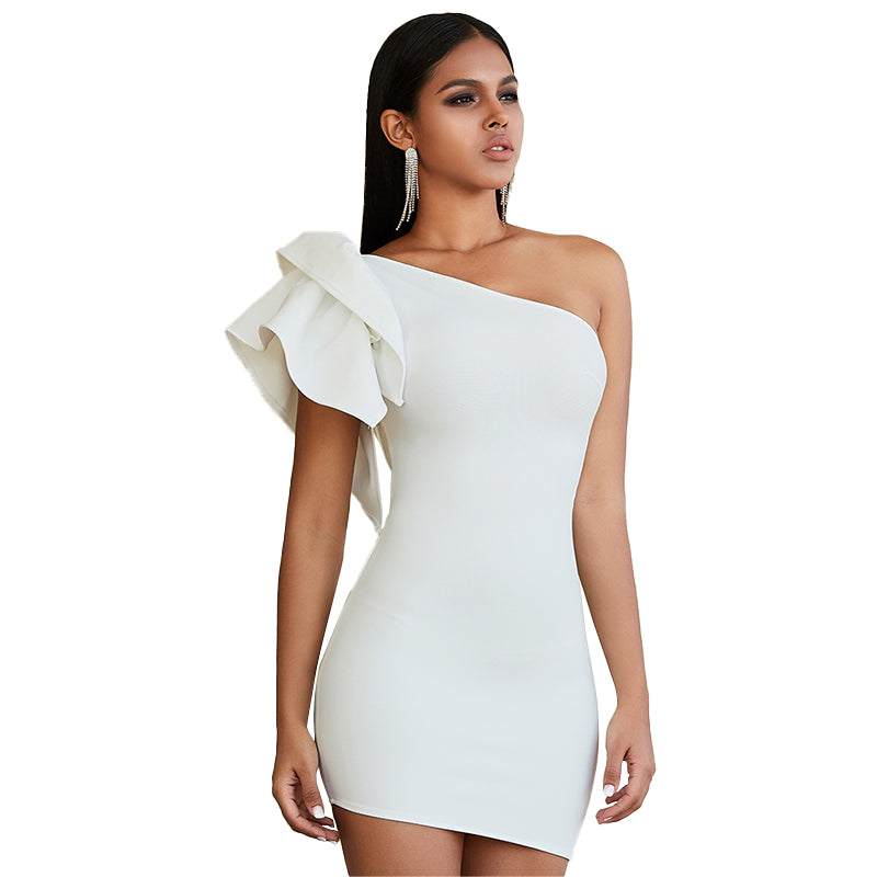 White Party Dress One Shoulder Ruffle Sexy Sleeveless Short Reception Dresses Elegant