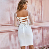 Square collar Long Lace mesh Sleeve White Mini Dress Women
