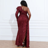 Plus Size One Shoulder Ruffle Trim Contrast Sequin Split Evening Dress