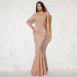 Women Elegant Sexy Full Sleeved Sequined One Shoulder Maxi Dress