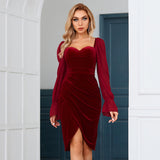 Women Red Lace Midi Dress Sexy Long Sleeve Velvet Club Celebrity Evening Party Lady Dress