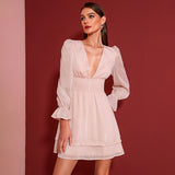 Women V Neck Flounce Sleeve Ruffle Hem Shirred Waist Dress