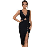 Women's Elegant Sexy V Neck Buttons Hollow Out  Party  Mini Bandage Evening Dress