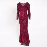 Women V Neck Pleated Long Sleeve Velvet Sparkle Sequins Evening Party Prom Dress