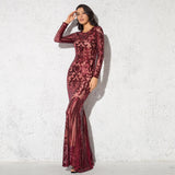 Women O Neck Long Sleeve Stretch Sparkle Sequin Bodycon Sequin Evening Party Dress Maxi Dress