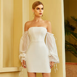 White Off Shoulder Strapless Bodycon Dresses With Long Sleeves Dress