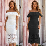 Lace mermaid white Reception party dress fold shoulder off