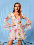 Women Floral Print Layered Sleeve Ruffle Dress