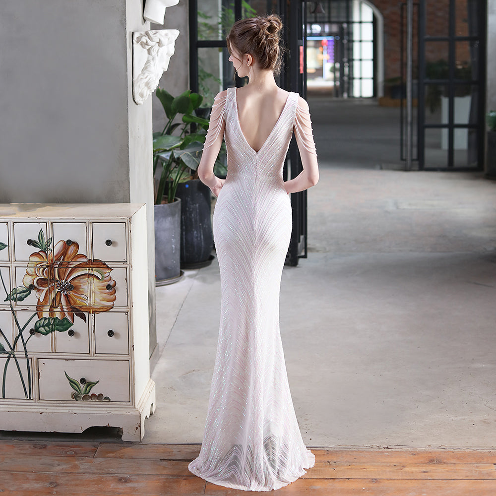 Women's Plus Size Floor-length Sleeveless V-neck Sequined Evening Dress