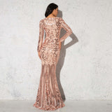 Women O Neck Long Sleeve Stretch Sparkle Sequin Bodycon Sequin Evening Party Dress Maxi Dress