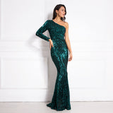 Women Elegant Sexy Full Sleeved Sequined One Shoulder Maxi Dress