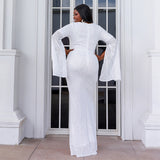 Plus Size V Neck Maxi Evening Dresses Sequin Split Sleeve Zip Back Prom Dresses