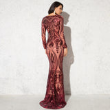 Women O Neck Long Sleeve Stretch Sequins Party Maxi Gown  Evening Dress