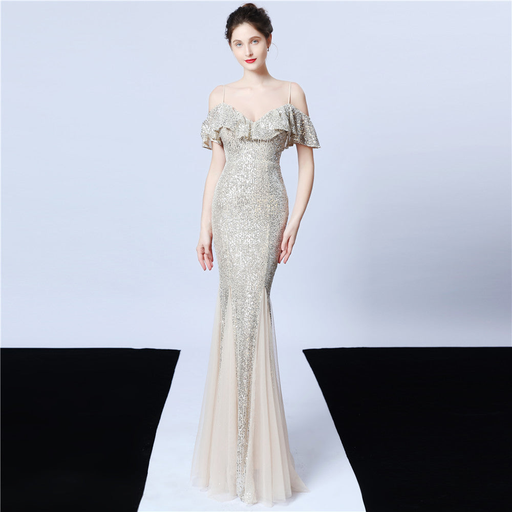 New Style Short Sleeve Evening Dress Women Sequin Prom Dress Plus Size Dress