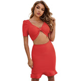 Women Sexy Short Sleeve V-collar Two Piece Skirt Set  Dress