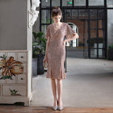 Women Fashion Half Sleeve V Neck Sequins Party Evening Dress