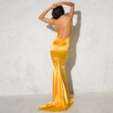 Women Deep V Neck Backless Strappy Sleeveless Pleated Mermaid Maxi Dress