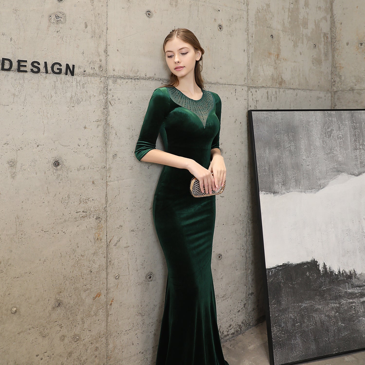 Women's Velvet Medium Sleeve Sexy Slim Evening Dress