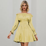 Women Casual Strapless Off Shoulder Long Sleeve Girdle Pleated Dress