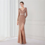 New Long-sleeves Sequined Queen's Fishtail Evening Dress Wedding Club Dress