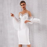 Midi vestidos white lace long flare sleeve for wedding reception