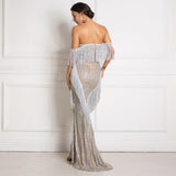 Women Sexy Off the Shoulder Backless Sexy Tassel Glittered Maxi Dress Evening Gown