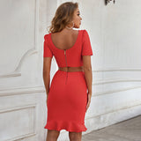 Women Sexy Short Sleeve V-collar Two Piece Skirt Set  Dress