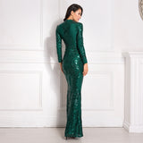 Women Sexy Long Sleeve Halter Hollow Out Sweetheart Side Split Formal Dress  Sequined Party Evening Night Prom Gown