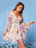 Women Floral Print Layered Sleeve Ruffle Dress