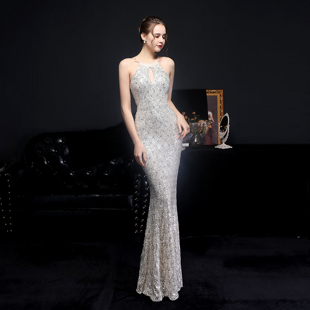 New Design Women's Sexy Sequined Diamond Sleeveless Floor Length Evening Dress