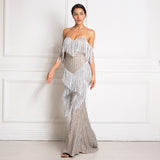 Women Sexy Off the Shoulder Backless Sexy Tassel Glittered Maxi Dress Evening Gown