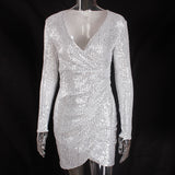 Women Sexy V Neck Shiny Sequined Pleated Full Sleeved Short Party Dresses