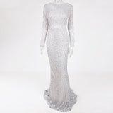 Women Long Sleeve Floor Length Mermaid Formal Gown Stretch Sequin Evening Night Party Dress