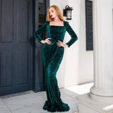Women Long Sleeve Square Collar Sparkle Sequin Long Evening Party Dress