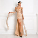 Woman Off the Shoulder Ribbon Sleeve Glittered Hollow Out Split  Long Evening Dress