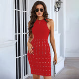 Women Sexy Sleeveless Solid Color Rivet Party Bandage Evening Dress