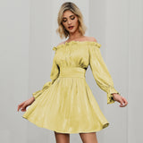 Women Casual Strapless Off Shoulder Long Sleeve Girdle Pleated Dress