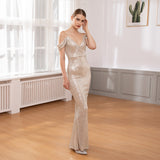 Women Sexy Off the Shoulder Stretch Sequined Shiny Evening Dress