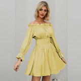 Women Casual Strapless Off Shoulder Long Sleeve Girdle Pleated Dress