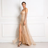 Woman Off the Shoulder Ribbon Sleeve Glittered Hollow Out Split  Long Evening Dress