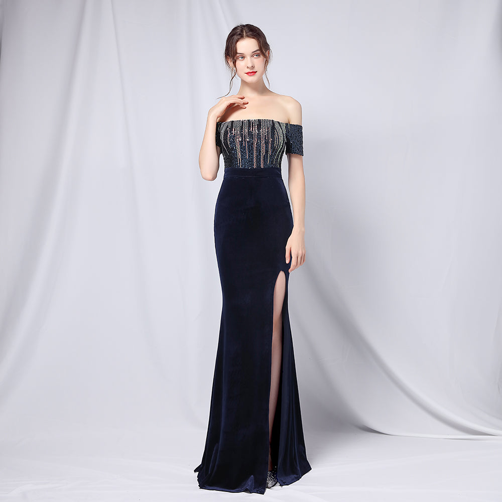 Women's Plus Size Dress Velvet Gradient Bead Shoulder Banquet Evening Dress