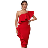 Women Sexy One Shoulder  Short Sleeve Red Ruffles Party Bandage Evening Dress Outfits