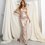 Women Off Shoulder Backless Slim Mermaid Sequin  Long Evening Dresses