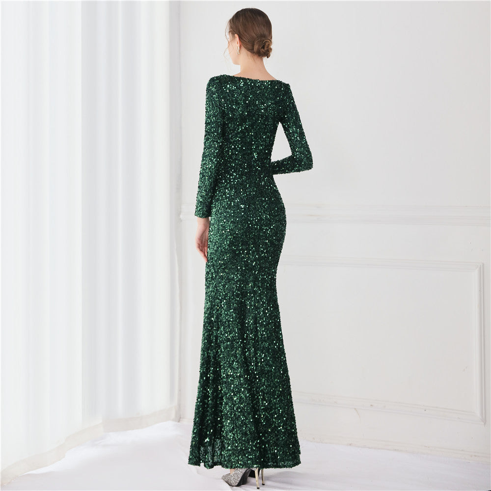 New Long-sleeves Sequined Queen's Fishtail Evening Dress Wedding Club Dress
